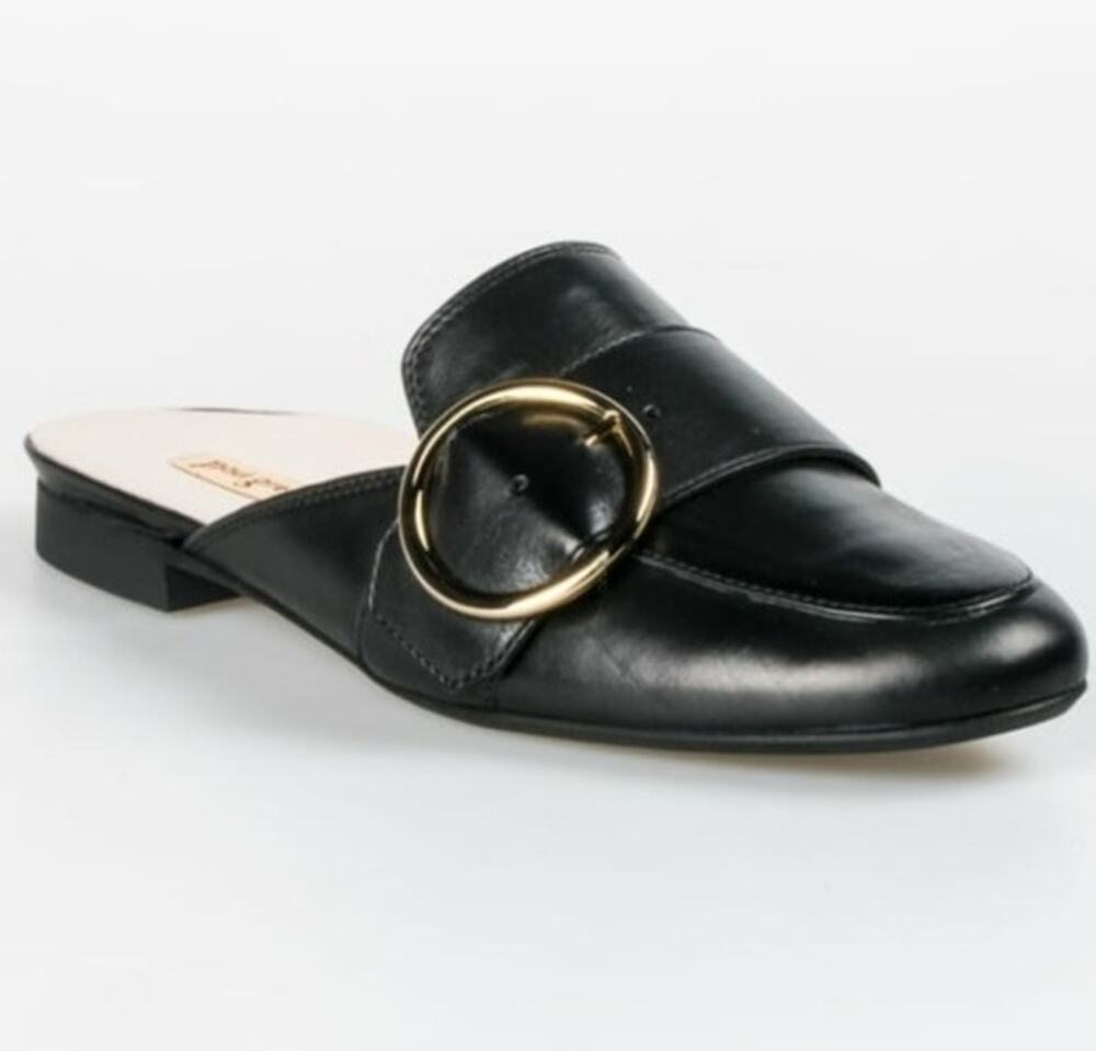 PAUL GREEN 7231 022 Size 6 Black Leather Mule with Gold Circle Hardwear